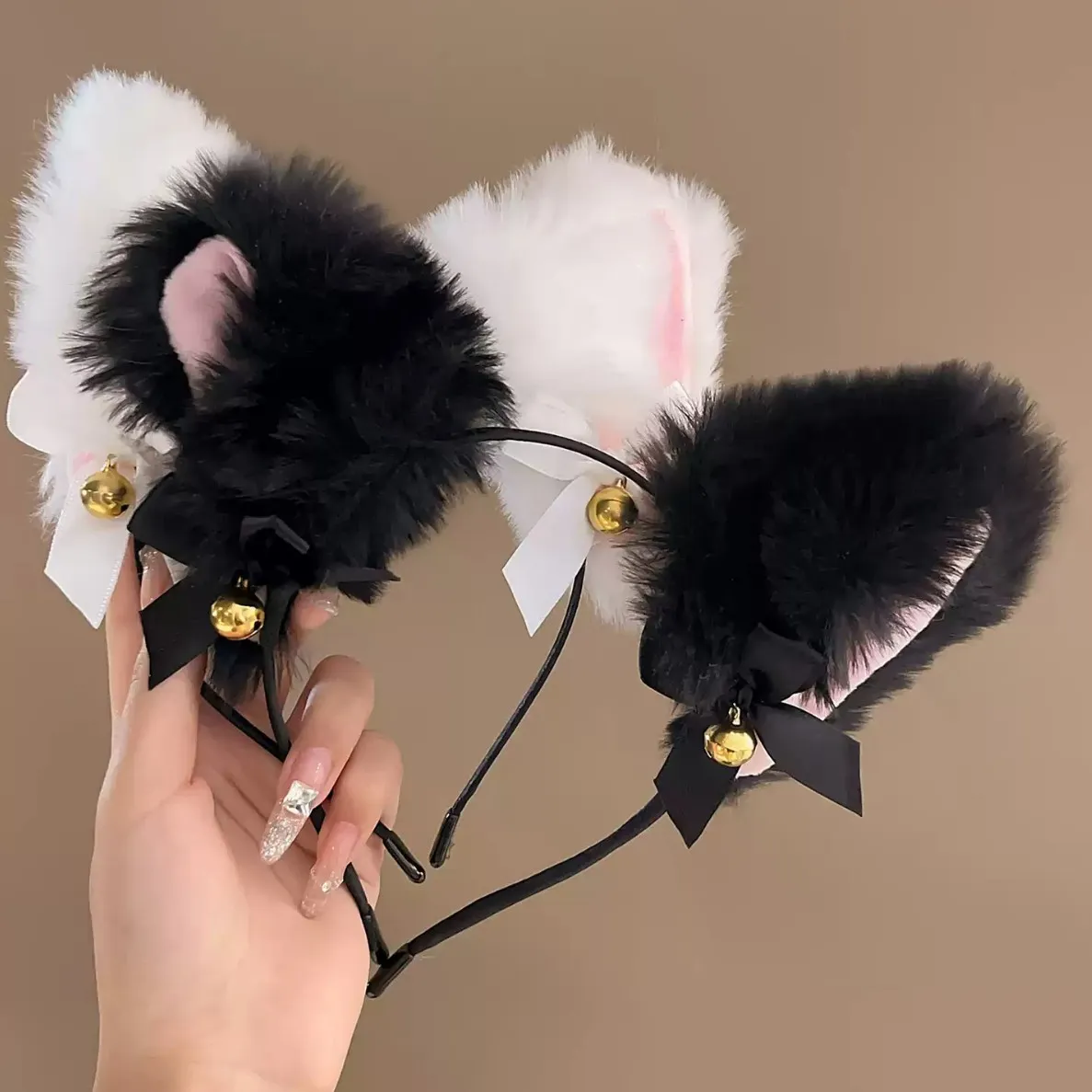 Kawaii Plush Cat Ear Headband with Bells – Elegant Fuzzy Kitten Hair Hoop for Cosplay & Party, Cute Cat Ears Headwear for Daily Decoration & Face Wash